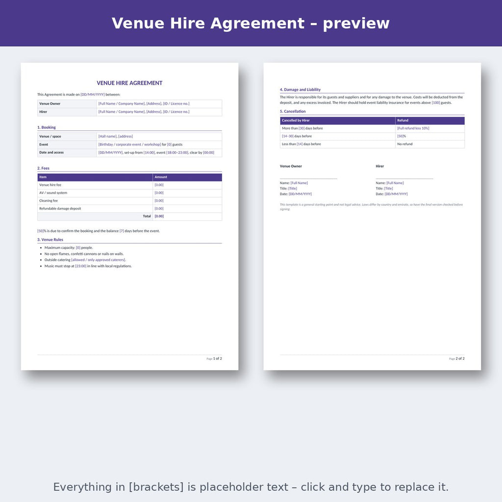 Venue Hire Agreement – preview