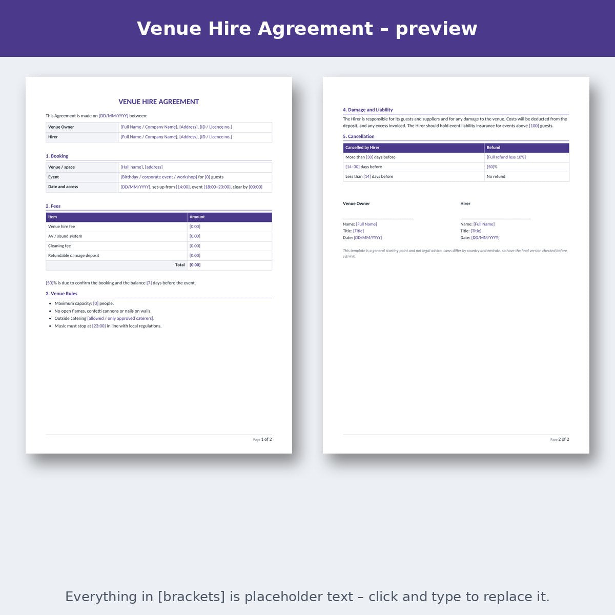 Venue Hire Agreement – preview