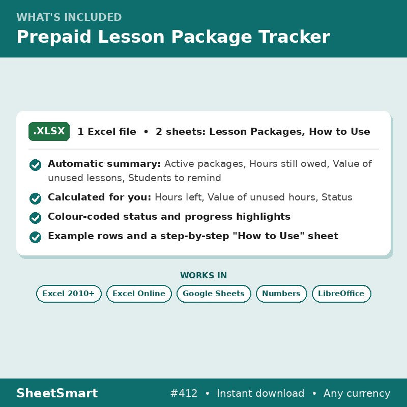 Prepaid Lesson Package Tracker – what's included
