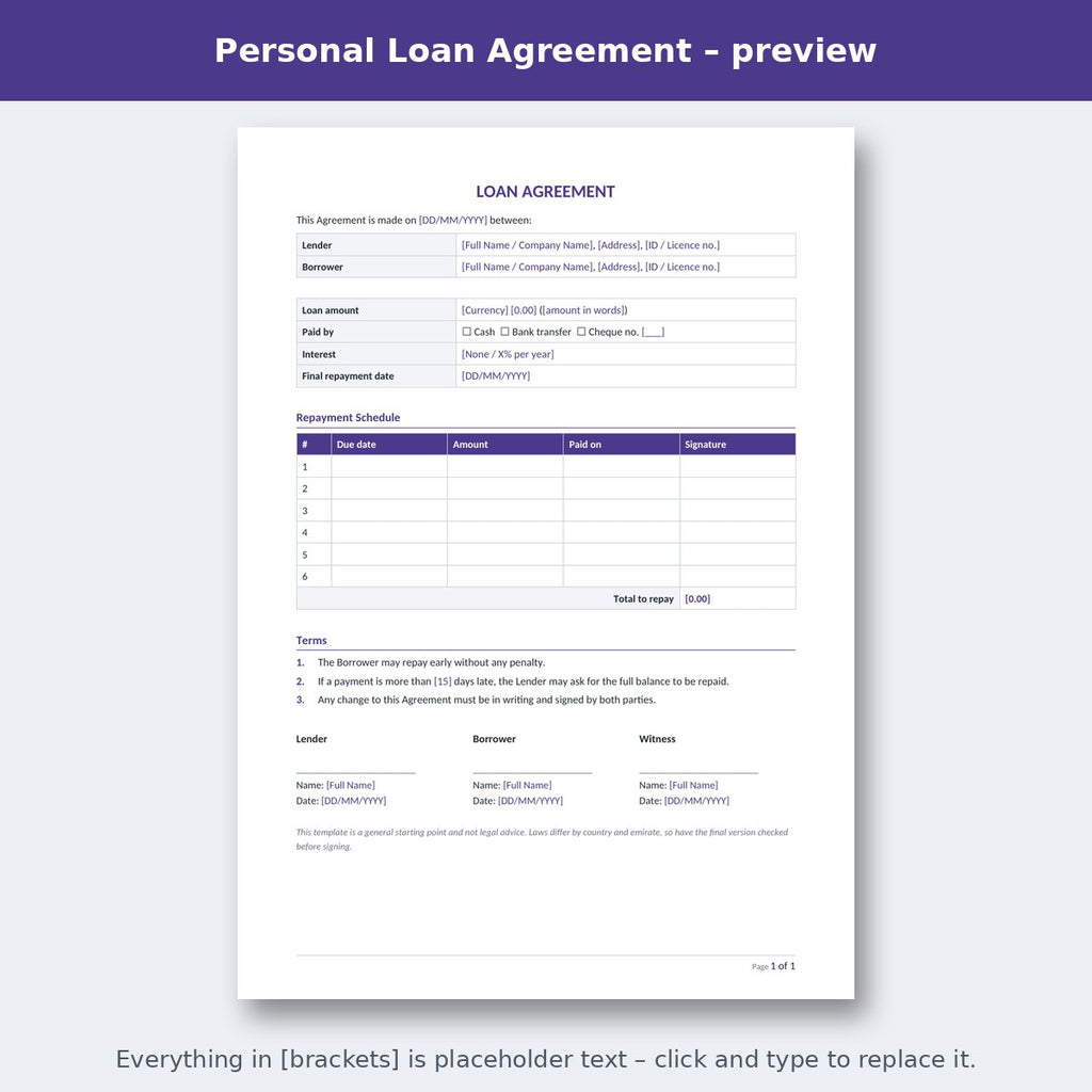 Personal Loan Agreement – preview