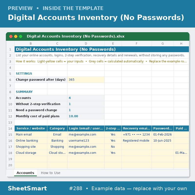 Digital Accounts Inventory (No Passwords) – sheet preview
