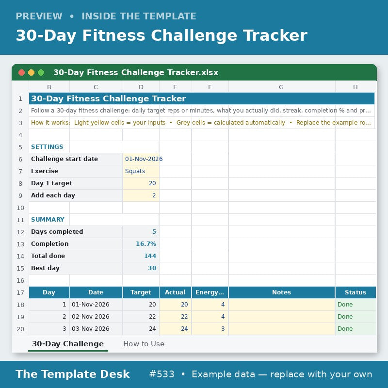 30-Day Fitness Challenge Tracker – sheet preview