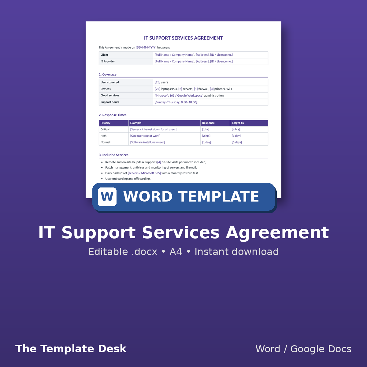 IT Support Services Agreement – cover