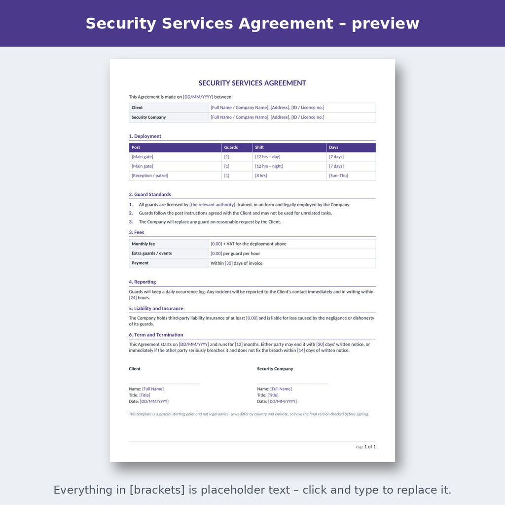 Security Services Agreement – preview