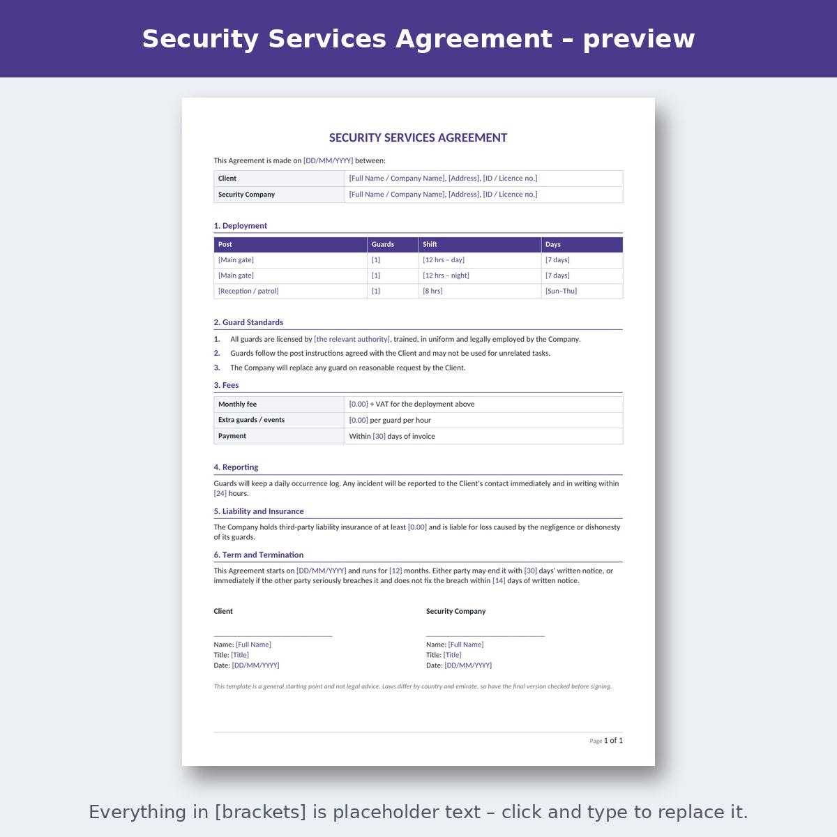 Security Services Agreement – preview