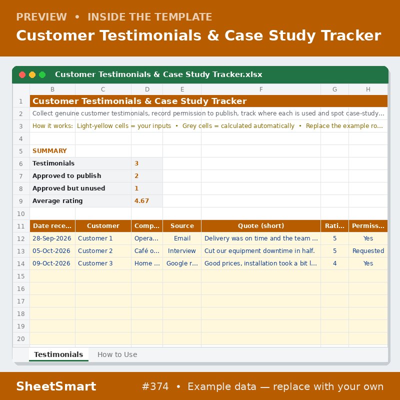 Customer Testimonials & Case Study Tracker – sheet preview