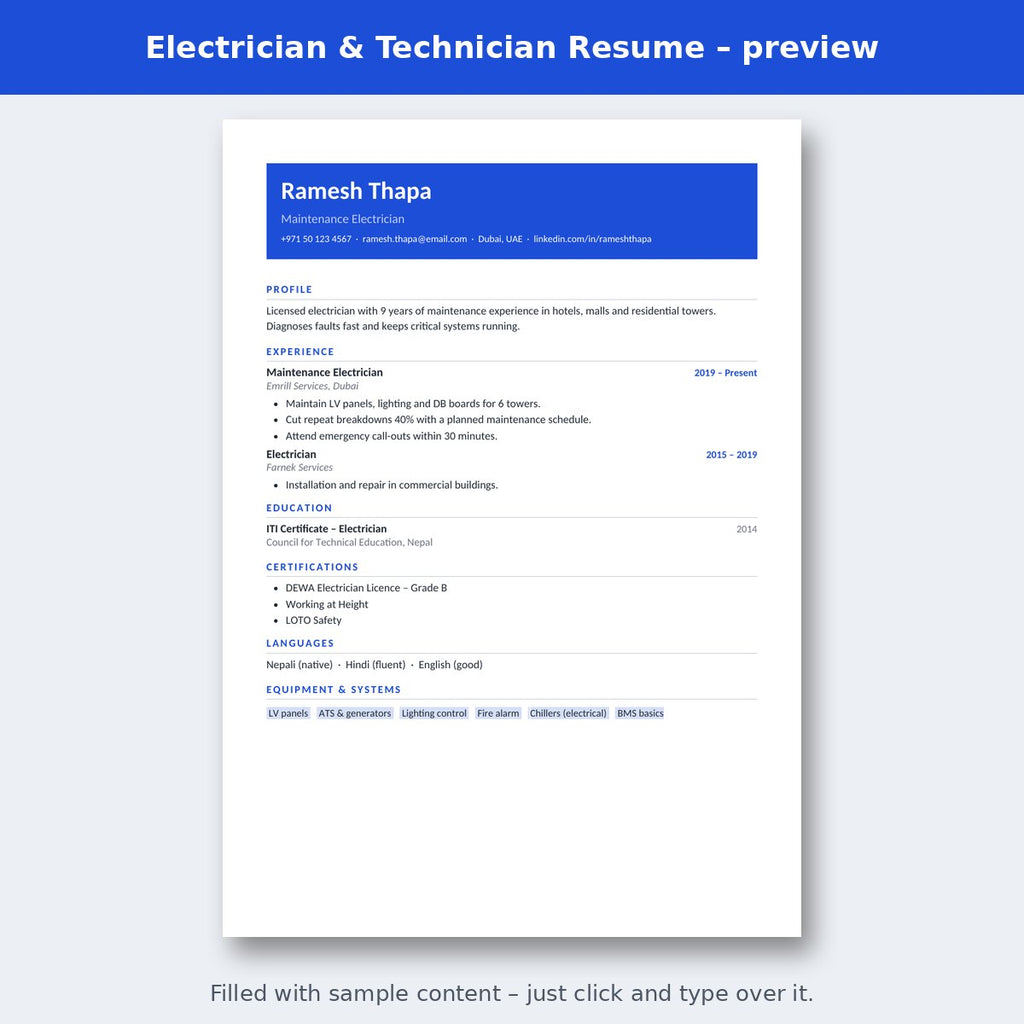 Electrician & Technician Resume – preview