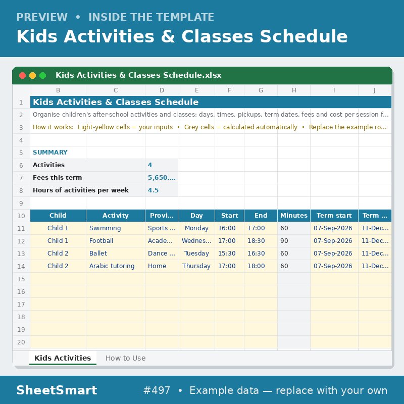 Kids Activities & Classes Schedule – sheet preview