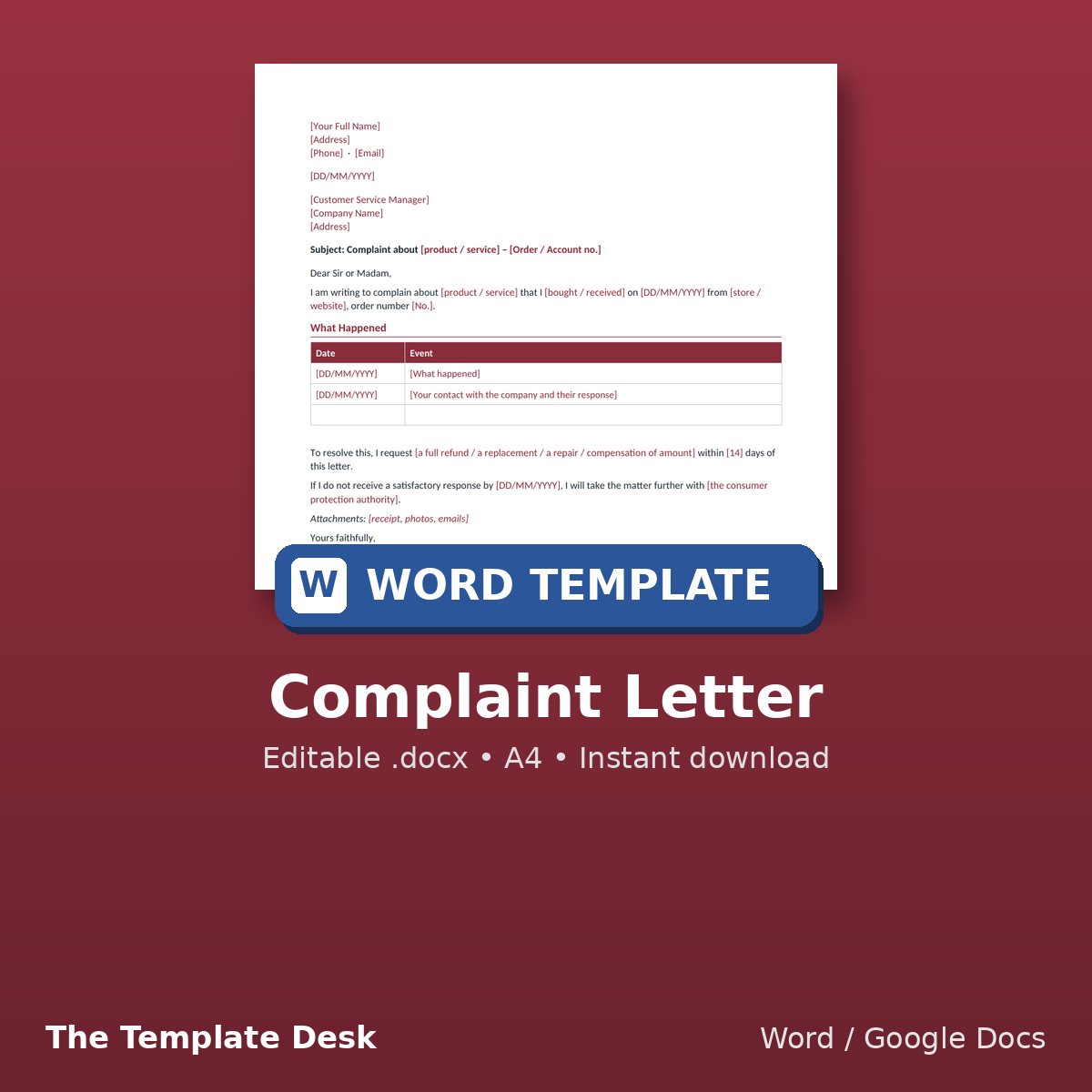 Complaint Letter – cover