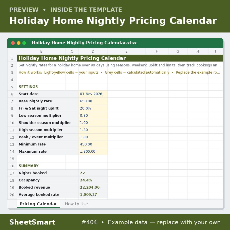 Holiday Home Nightly Pricing Calendar – sheet preview