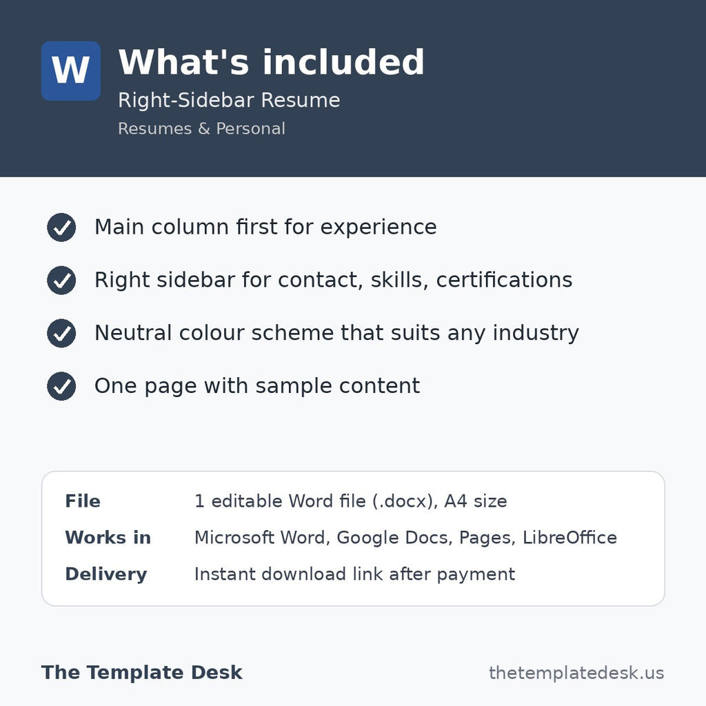 Right-Sidebar Resume – what's included