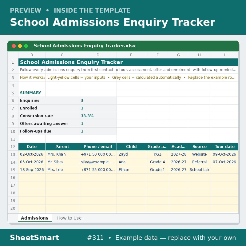 School Admissions Enquiry Tracker – sheet preview