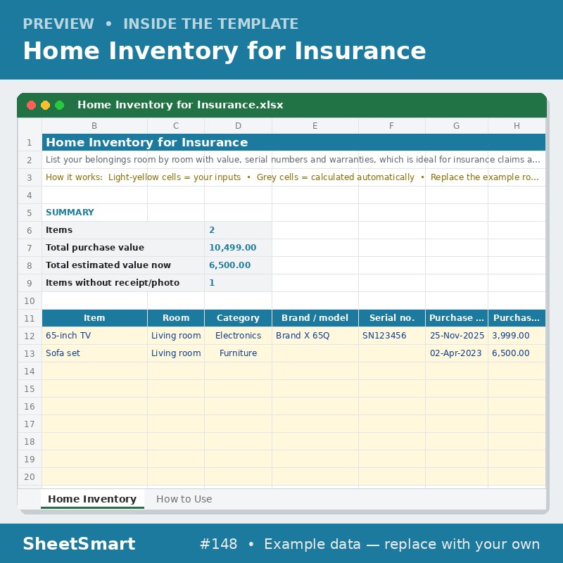 Home Inventory for Insurance – sheet preview