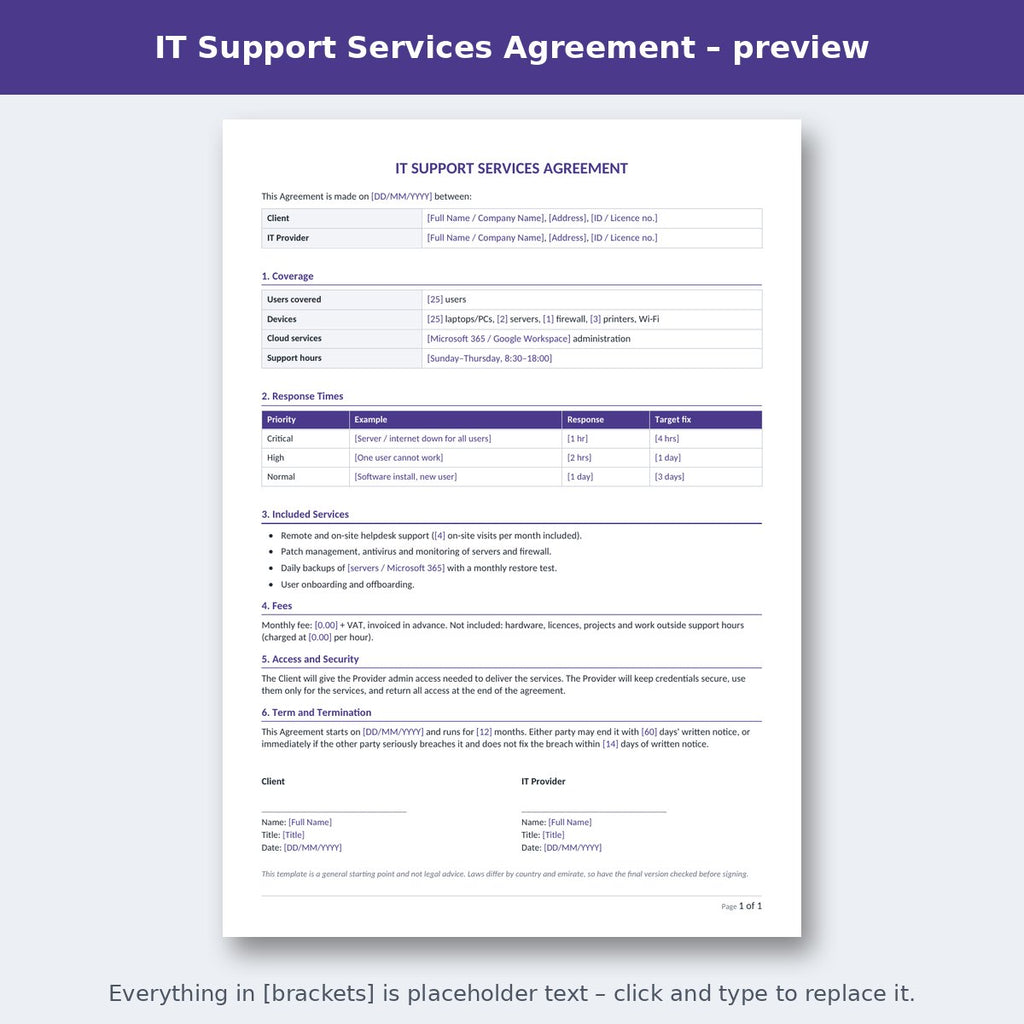 IT Support Services Agreement – preview