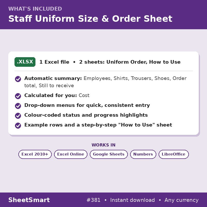 Staff Uniform Size & Order Sheet – what's included