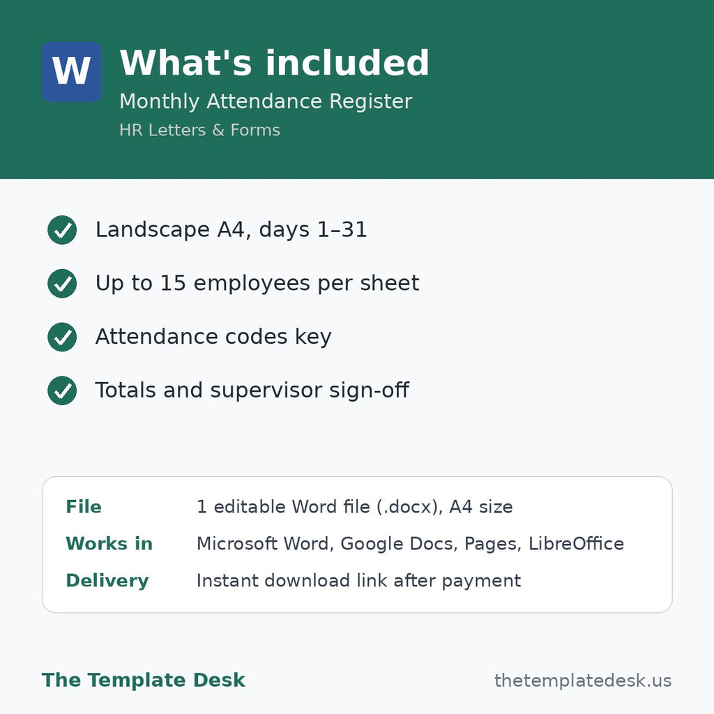 Monthly Attendance Register – what's included