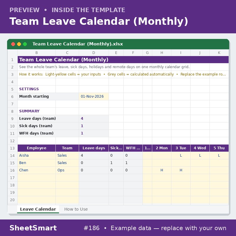 Team Leave Calendar (Monthly) – sheet preview