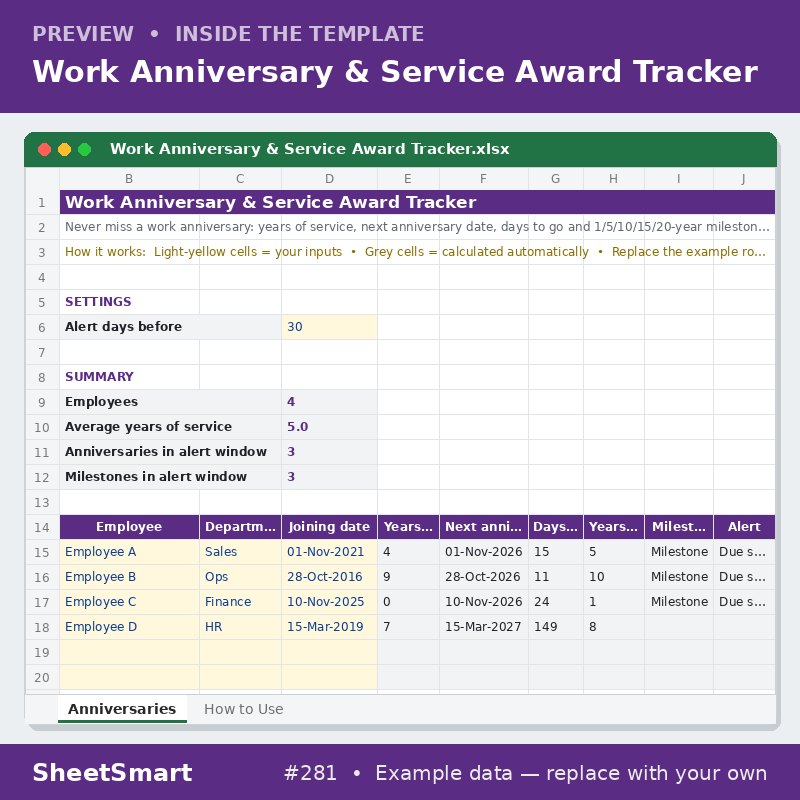 Work Anniversary & Service Award Tracker – sheet preview