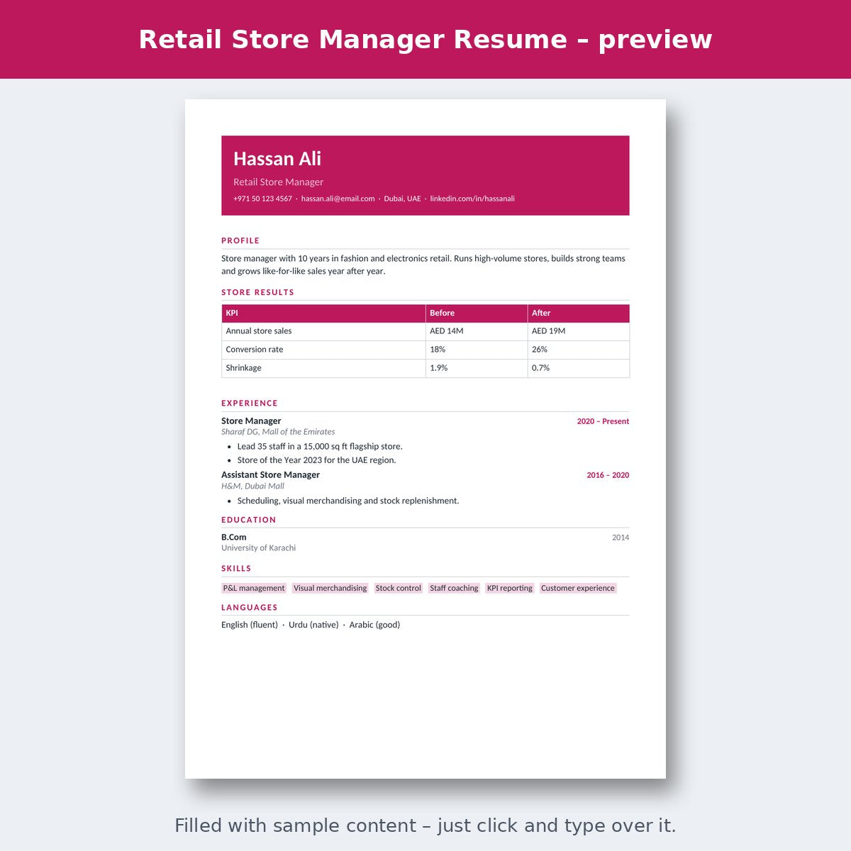 Retail Store Manager Resume – preview