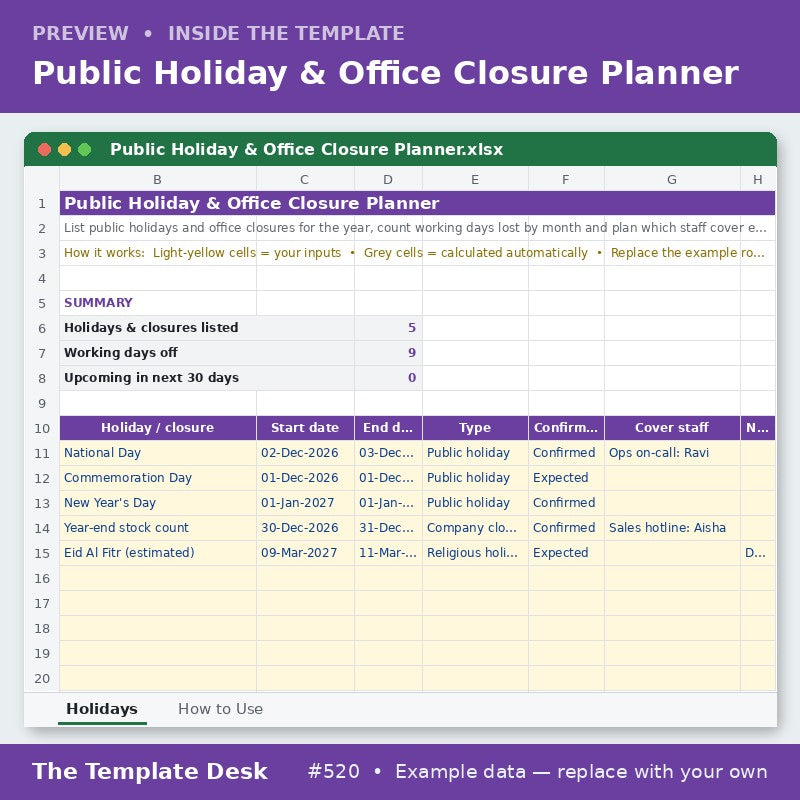 Public Holiday & Office Closure Planner – sheet preview