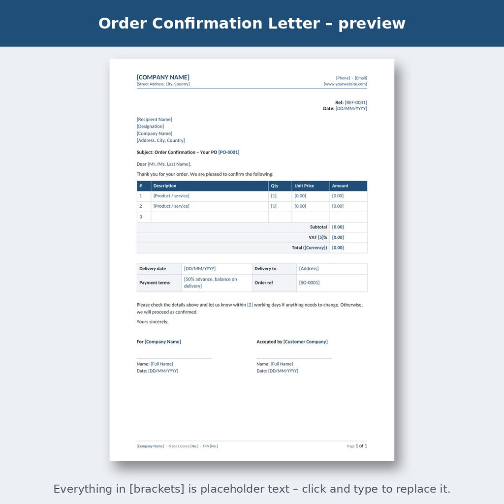 Order Confirmation Letter – preview