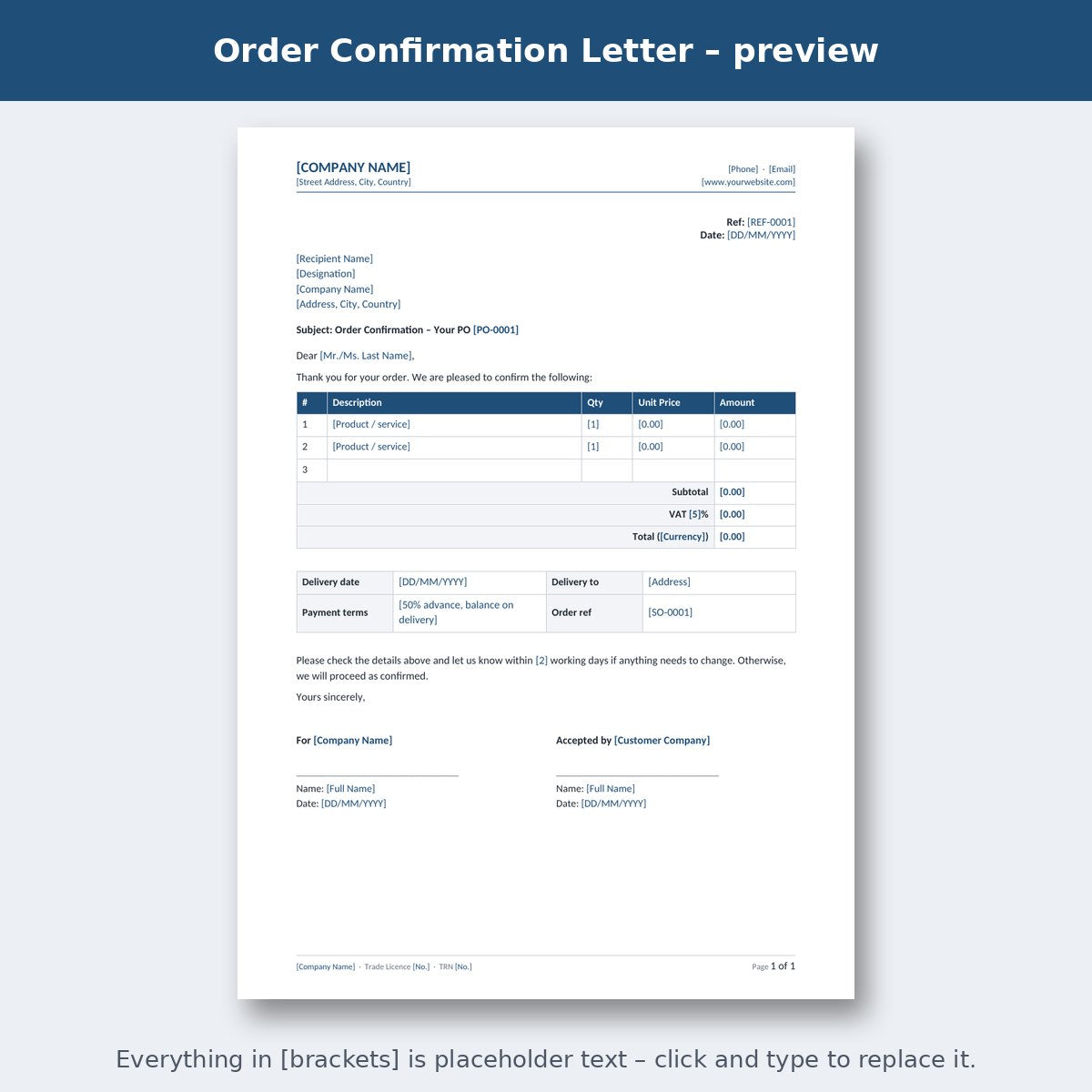 Order Confirmation Letter – preview