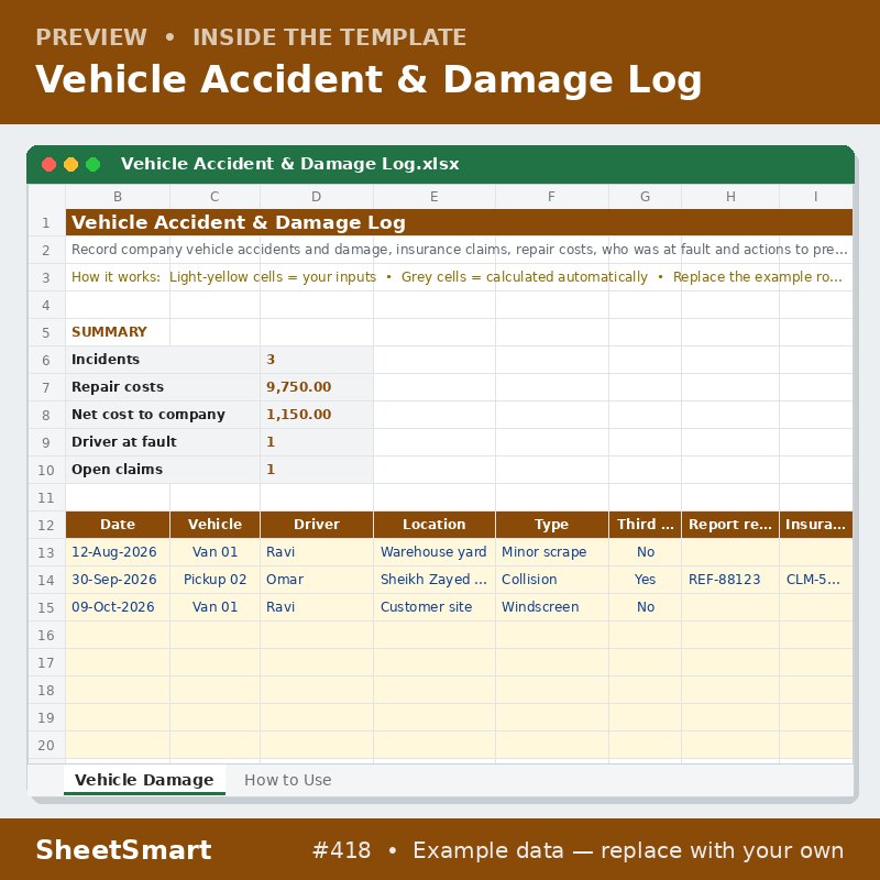 Vehicle Accident & Damage Log – sheet preview