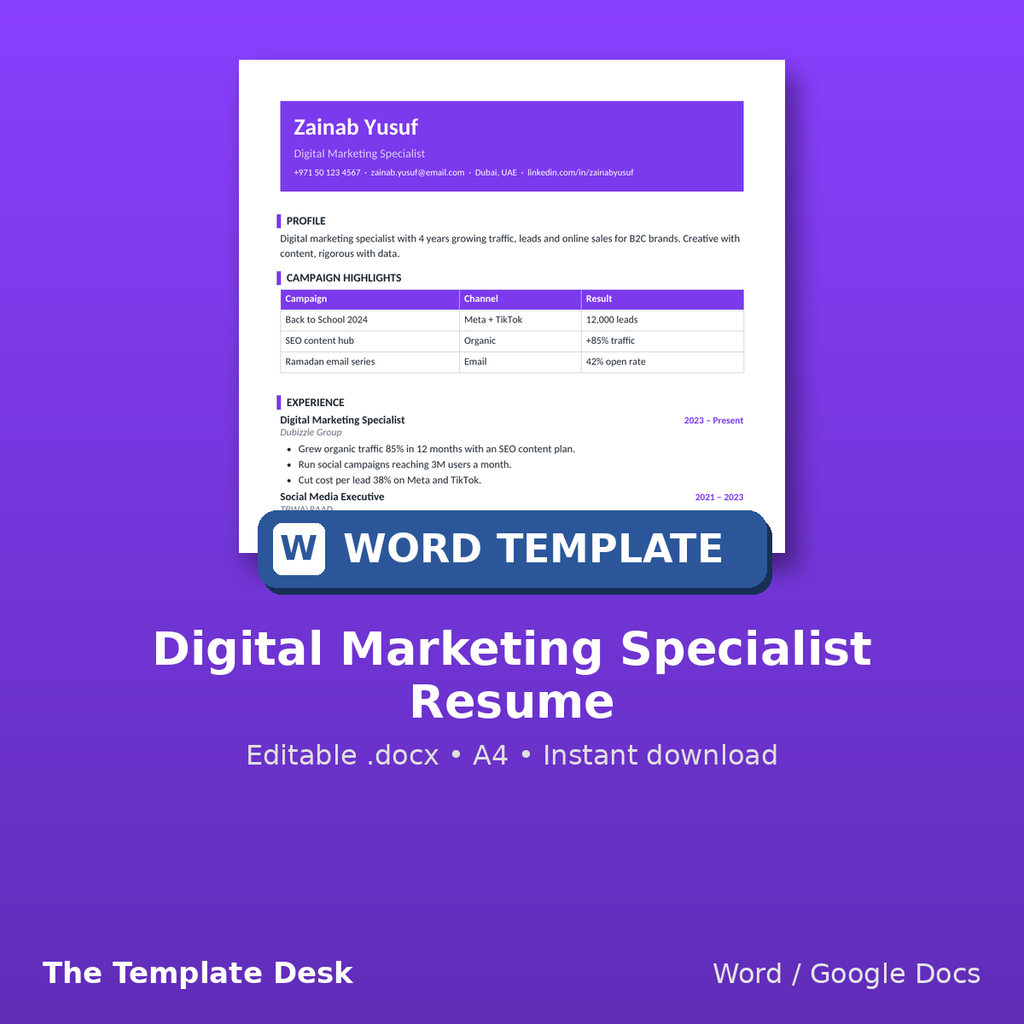 Digital Marketing Specialist Resume – cover