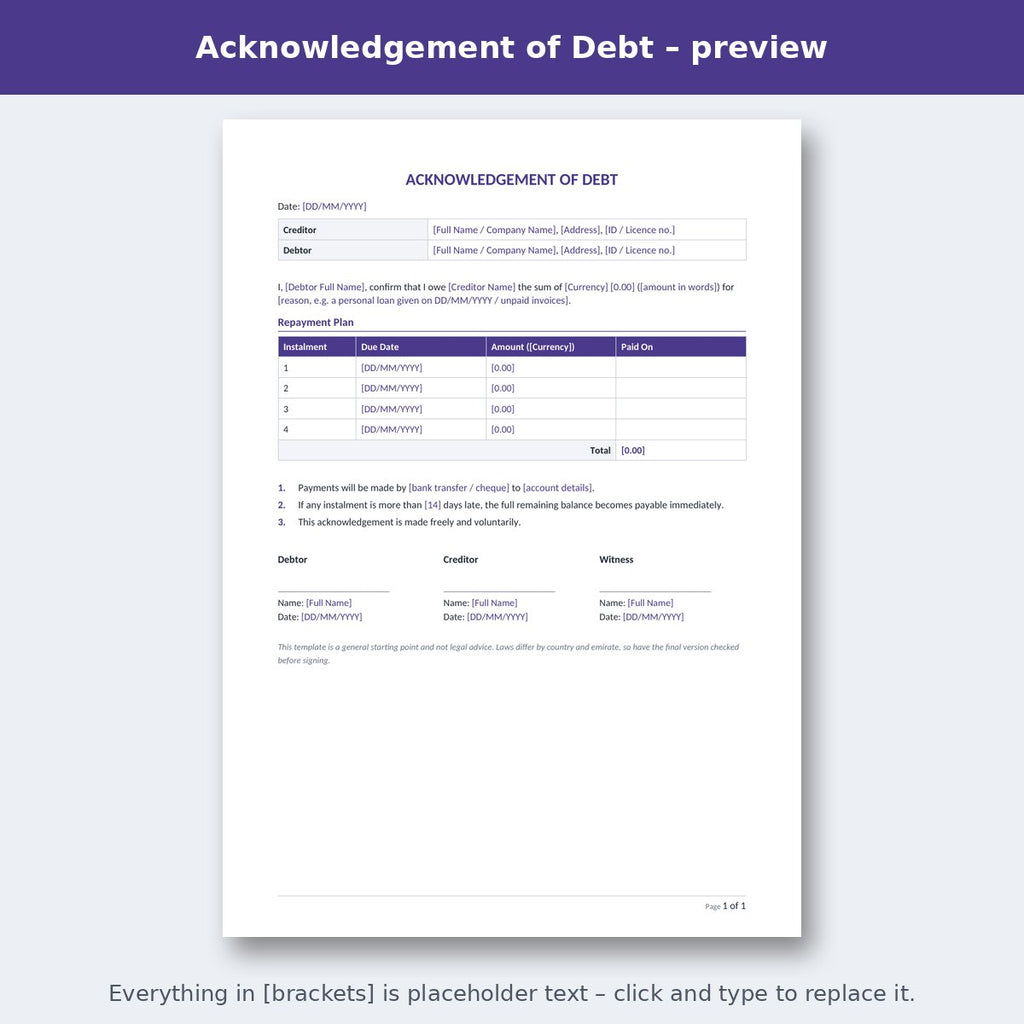 Acknowledgement of Debt – preview