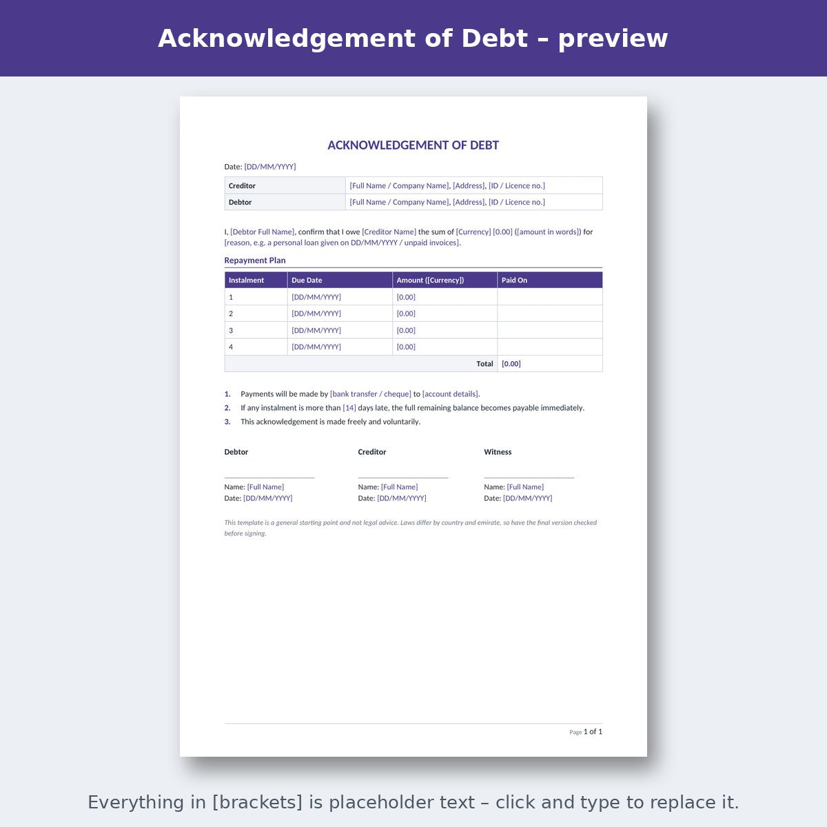 Acknowledgement of Debt – preview
