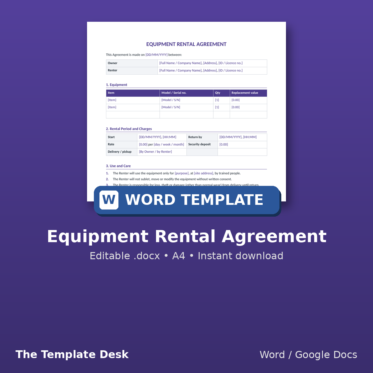 Equipment Rental Agreement – cover