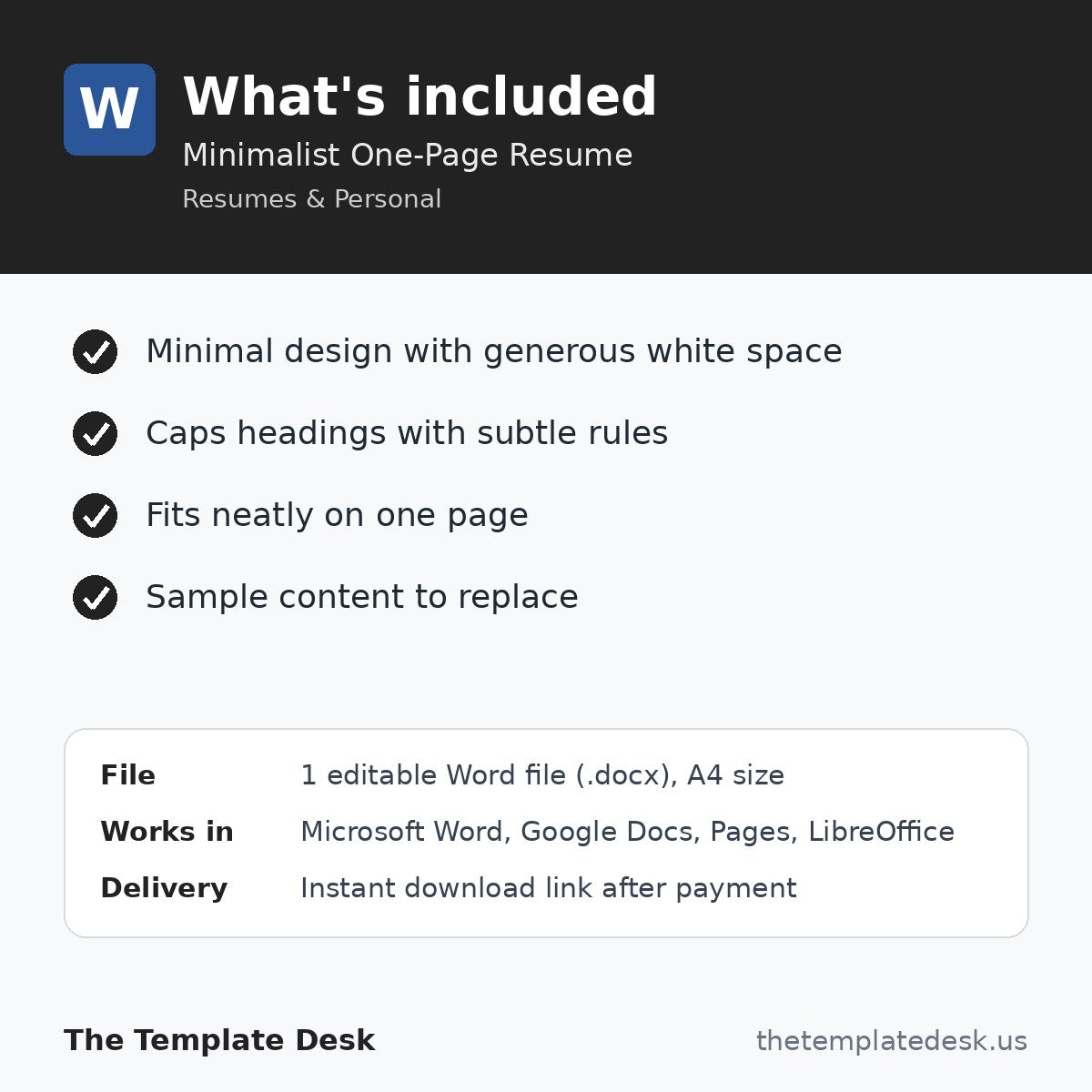 Minimalist One-Page Resume – what's included