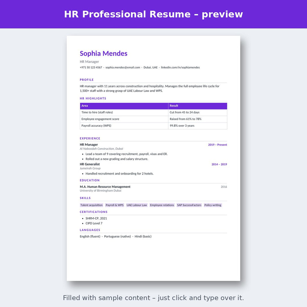 HR Professional Resume – preview