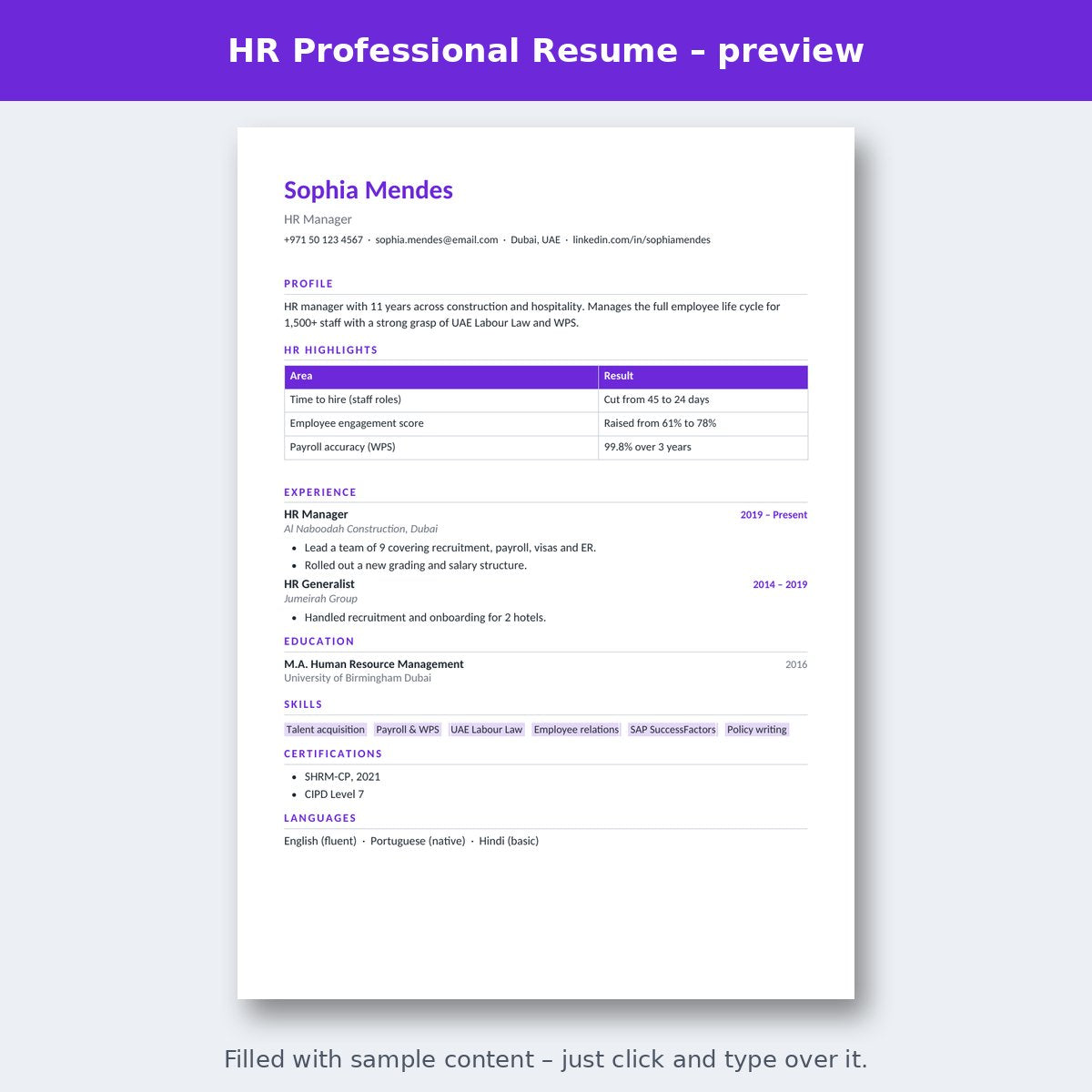 HR Professional Resume – preview