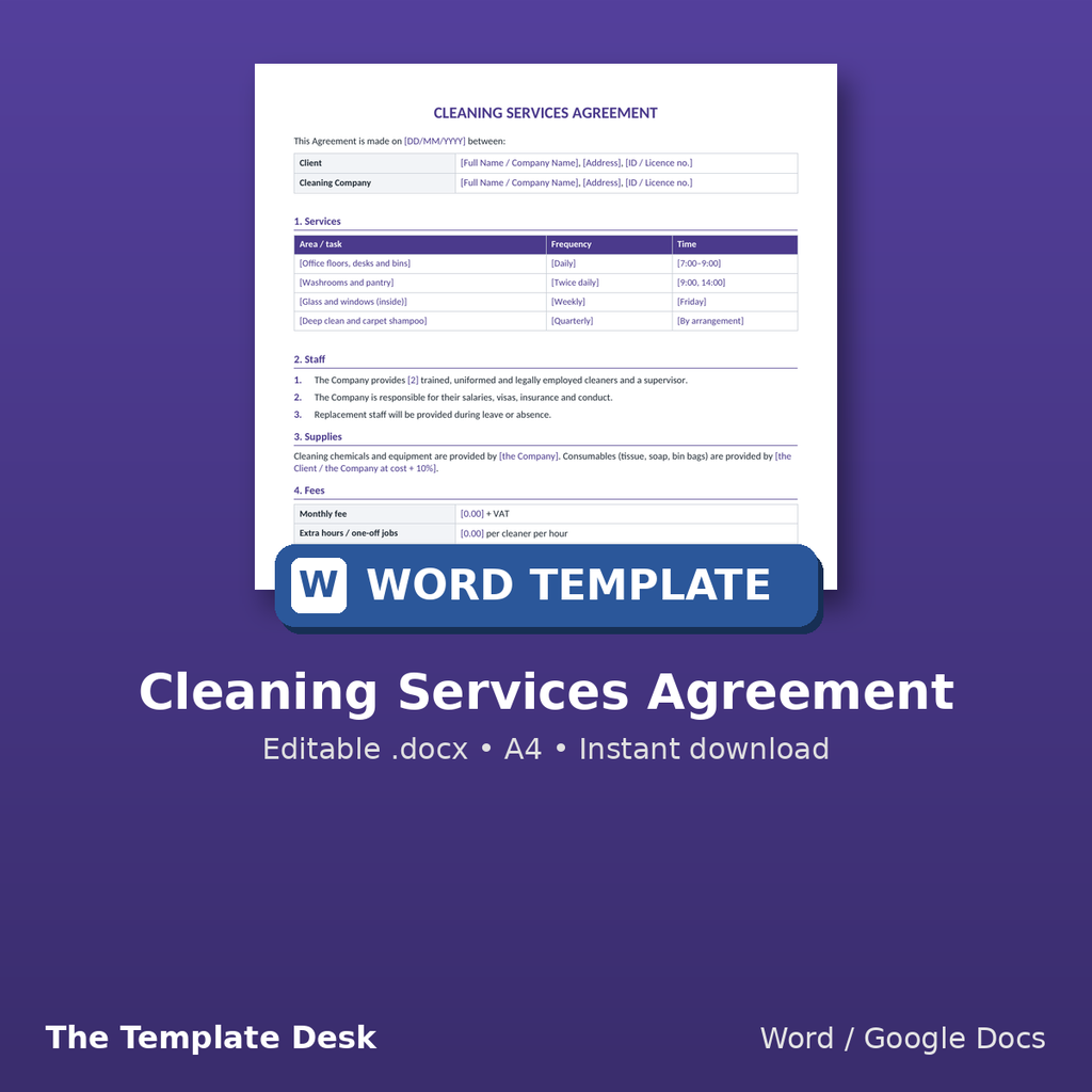 Cleaning Services Agreement – cover