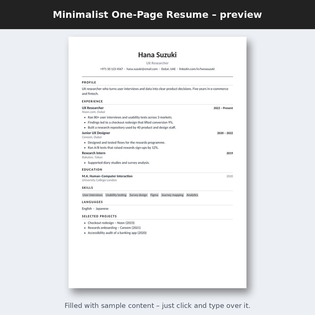 Minimalist One-Page Resume – preview