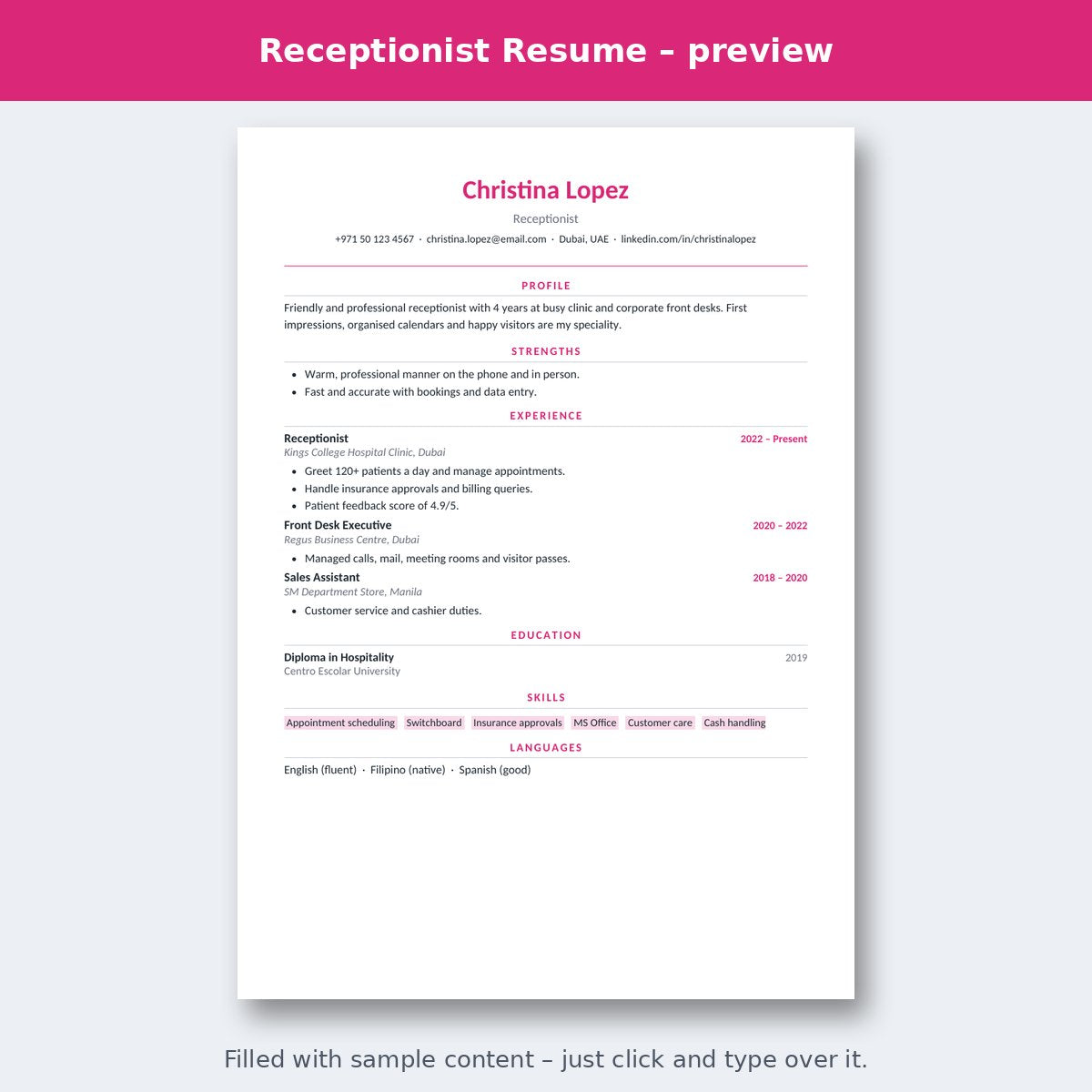 Receptionist Resume – preview