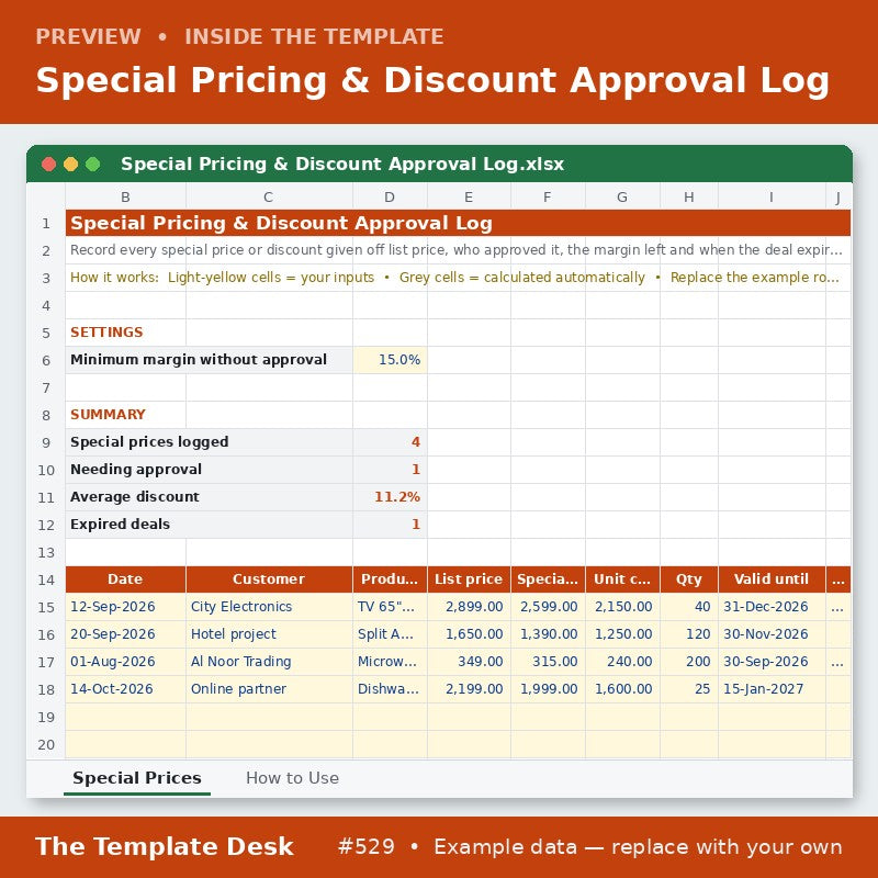 Special Pricing & Discount Approval Log – sheet preview