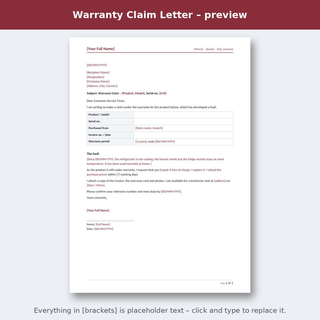 Warranty Claim Letter – preview