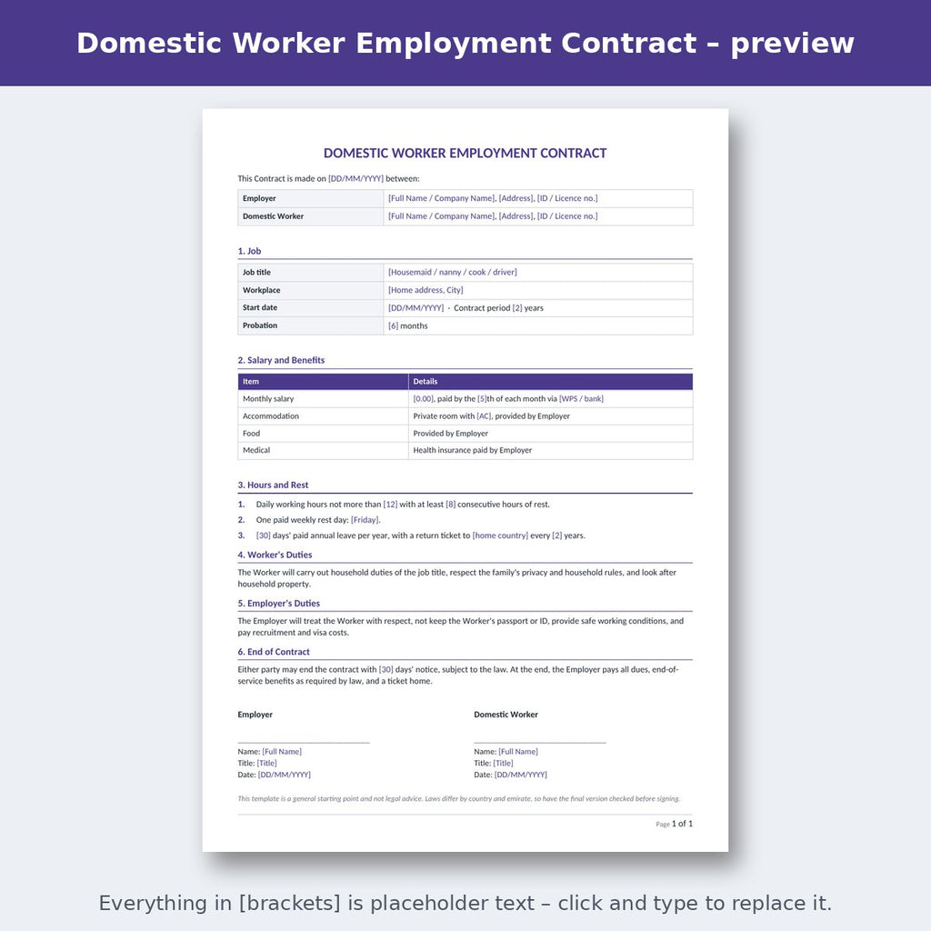 Domestic Worker Employment Contract – preview