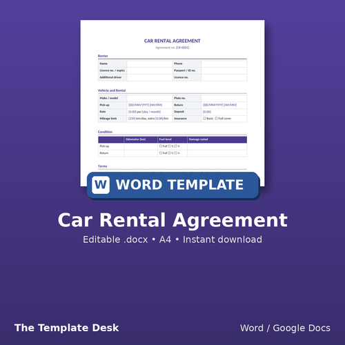 Car Rental Agreement – cover