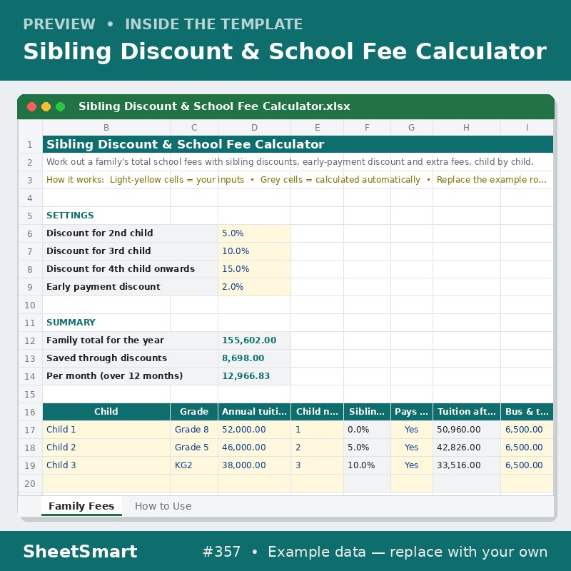 Sibling Discount & School Fee Calculator – sheet preview