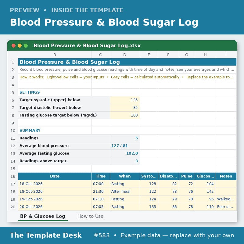 Blood Pressure & Blood Sugar Log – preview