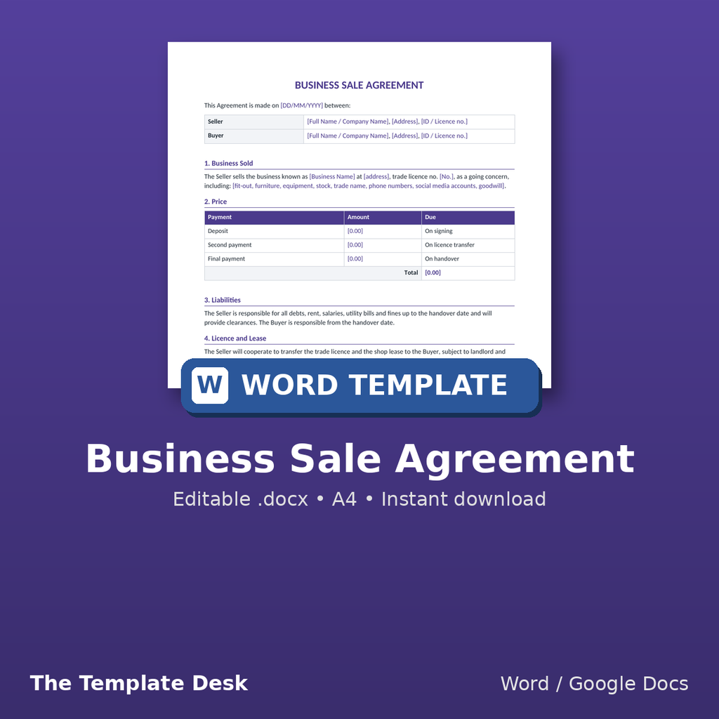 Business Sale Agreement – cover