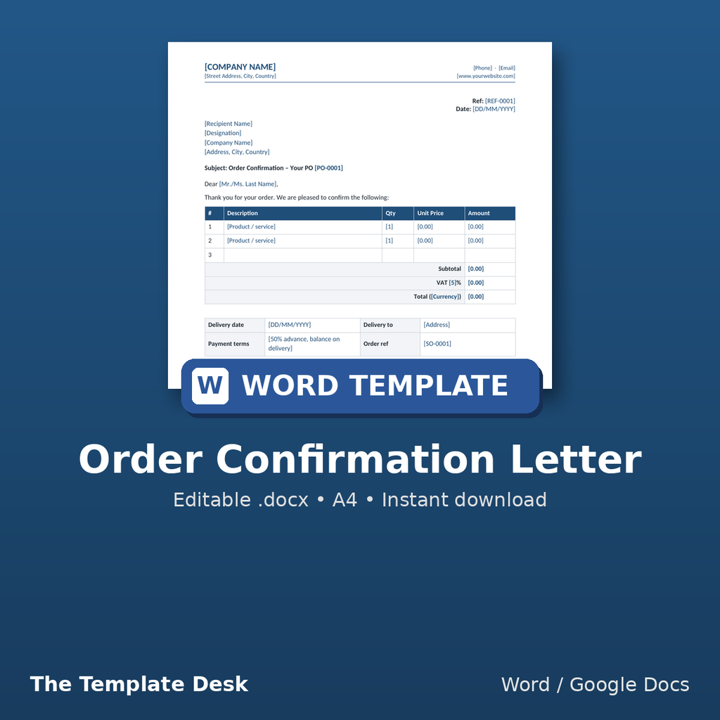 Order Confirmation Letter – cover