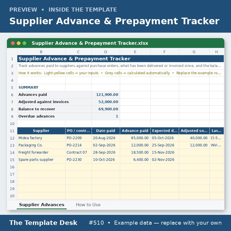 Supplier Advance & Prepayment Tracker – sheet preview