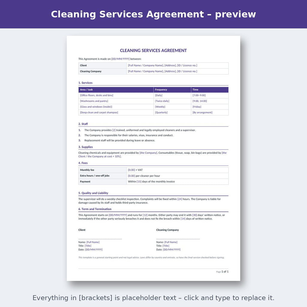 Cleaning Services Agreement – preview