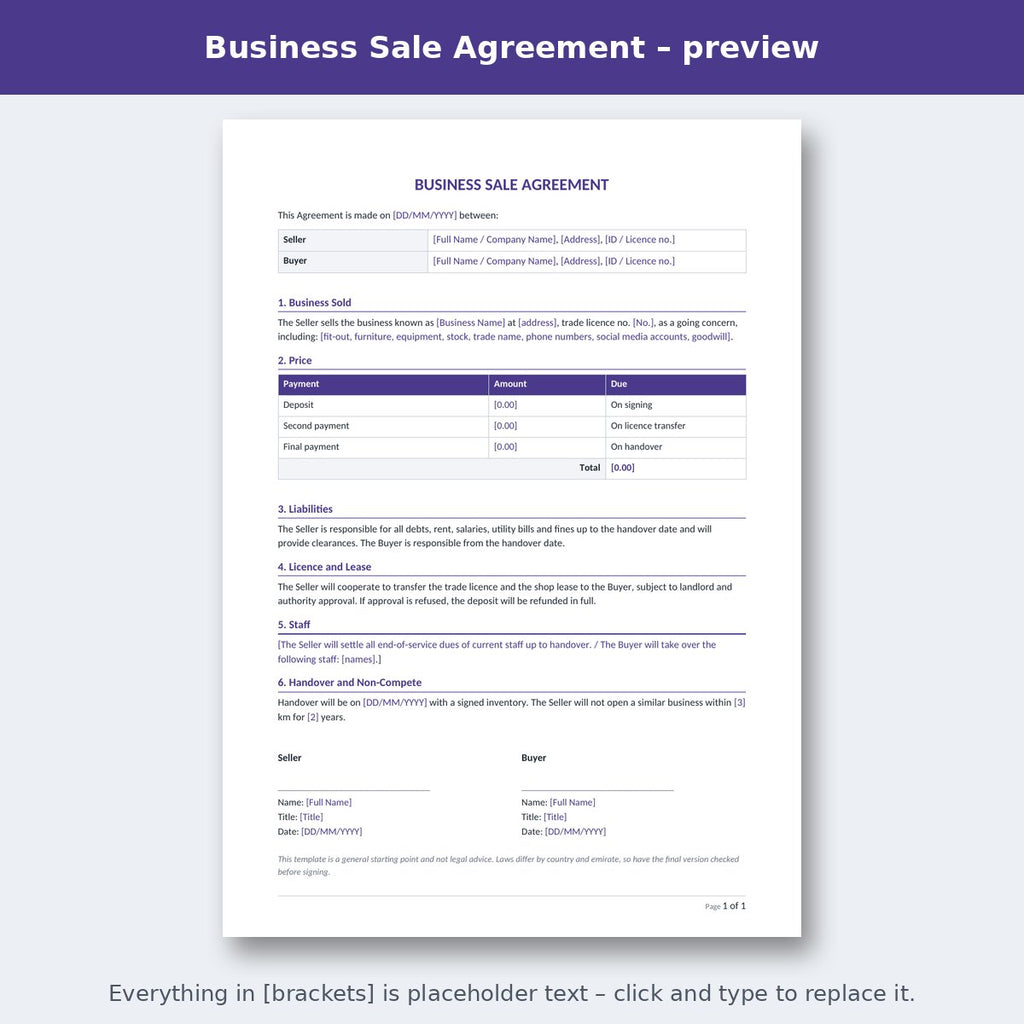 Business Sale Agreement – preview
