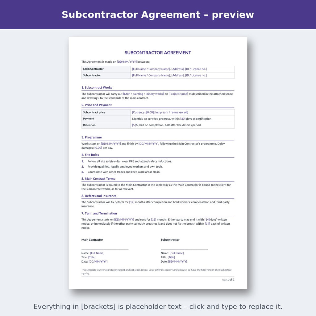 Subcontractor Agreement – preview
