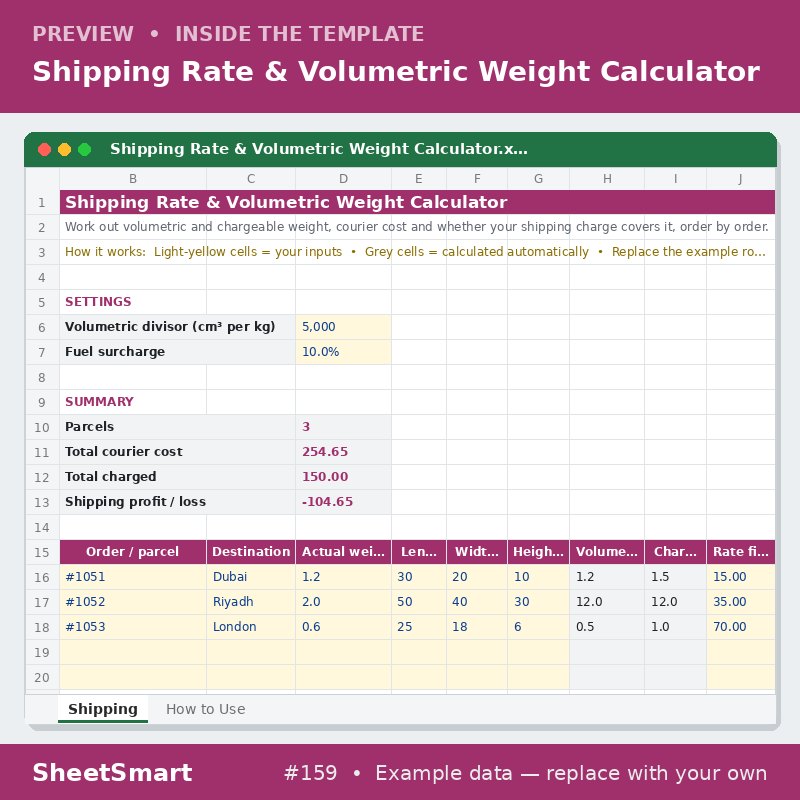 Shipping Rate & Volumetric Weight Calculator – sheet preview